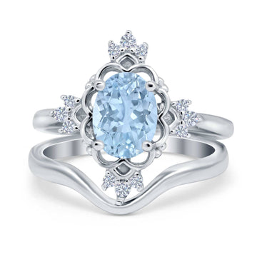 Two Piece Art Deco Engagement Ring Simulated Aquamarine CZ 925 Sterling Silver